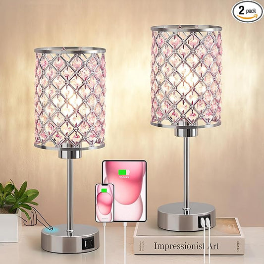 GyroVu Pink Crystal Table Lamp, Touch Control Bedside Lamps with USB-C+A Charging Ports, Dimmable Nightstand Small Desk Lamp Set of 2 for Girl Bedroom, Living Room, Office(Buld Included)
