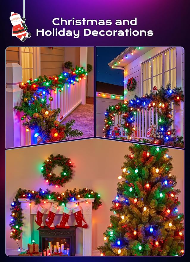 Brightown C9 LED Christmas Lights Outdoor, 100 FT 100 Multi-Colored Connectable C9 String Lights for Christmas Tree Patio Roofline Garden Backyard Holiday Party Indoor Outdoor Decoration, Green Wire