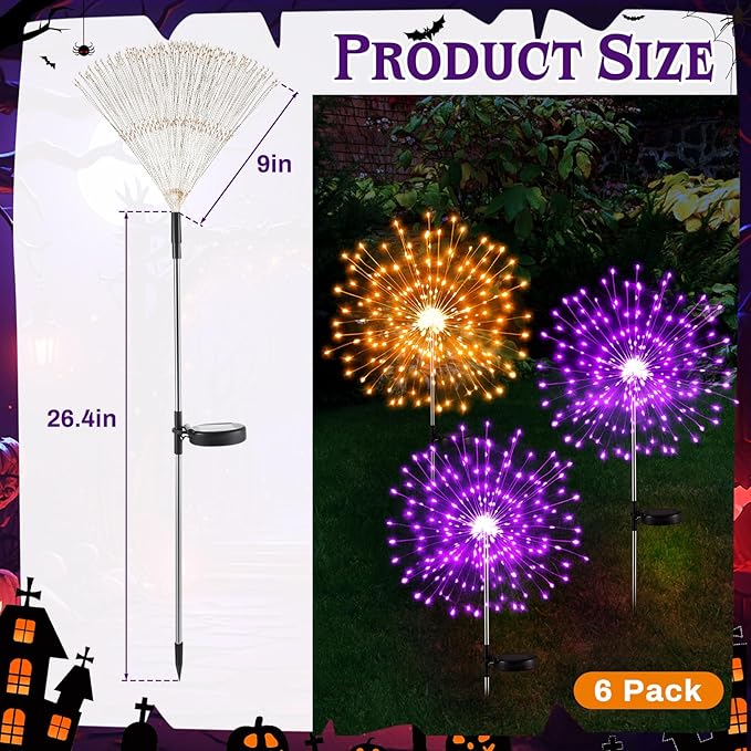 6 Pcs Mardi Gras Solar Firework Lights Solar Lights Outdoor Garden 120 LED 8 Modes Waterproof LED Sparkler Outdoor for Carnival Patio Yard Pathway Walkway (Purple,Orange)