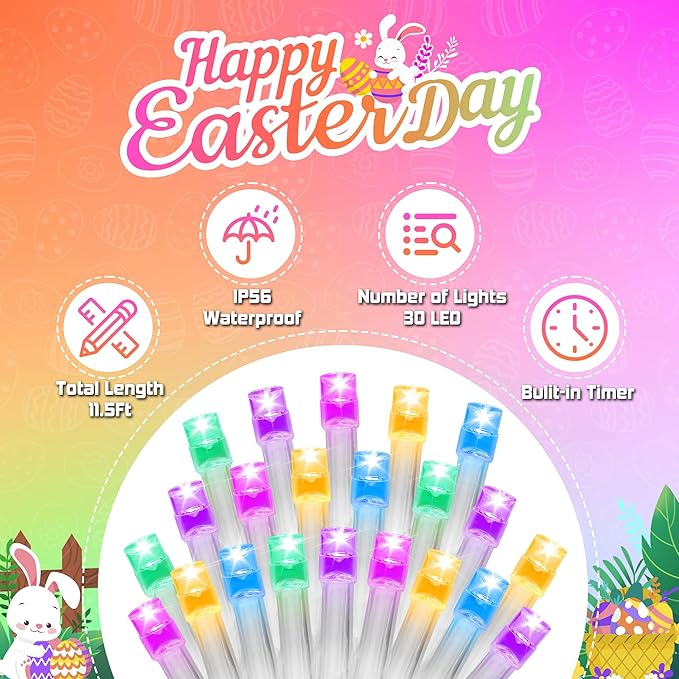 30 LED Easter String Lights - 11.5Ft Pastel Colored Battery Mini Light with 8 Modes, Timer, Waterproof - Fairy Christmas Lighting for Outside Tree Bedroom House Party Garland Decorations - White Wire