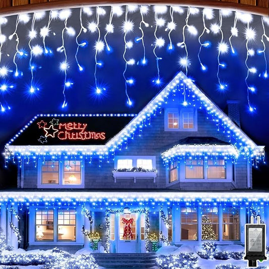 1296 LED 131FT Christmas Lights 288 Drops, Outdoor Hanging light with 8 Modes Timer, Plug in Curtain String Light Outdoor Waterproof for House Tree Holiday Wedding Party Outside Decor (Blue & White)