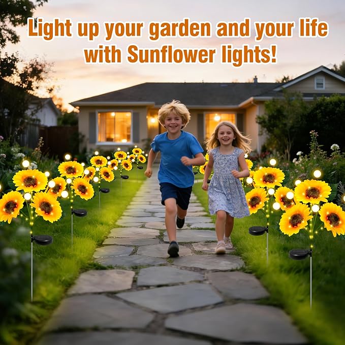 Sunflower Solar Lights Outdoor, 2 Pack Sunflowers with Firefly Lights, Waterproof Solar Flower Lights with 1000mAh Battery for Patio Porch Lawn, Gifts for Mom Women Grandma, Yard Decorations Outdoor
