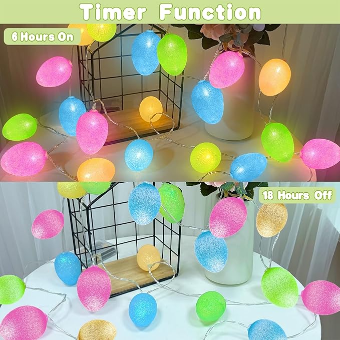 Timer - 2 Pack Easter Lights Easter Decorations, Total 20FT 40LED Easter Egg Light Colorful Waterproof Easter Lights Battery Operated for Indoor Outdoor Home Holiday Hunt Decor, Each 10FT 20LED