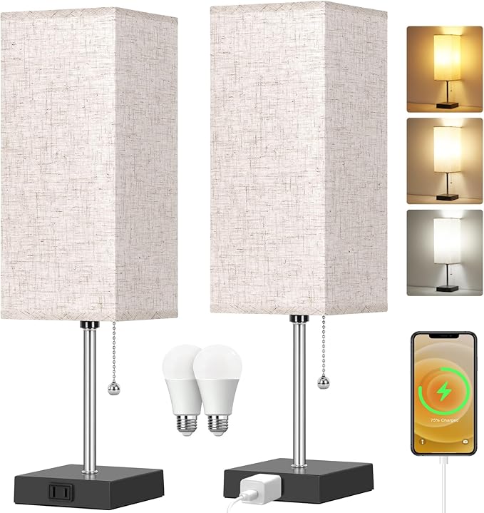 Table Lamp for Bedroom set of 2,3-Color Bedside Lamps with Pull Chain Table Lamps for Nightstand with AC Outlets,18'' Night Light Lamps with 2 Bulb Lamps for Living Room Kids Office Decor（Black+Cream）