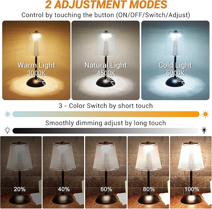 Cordless Table Lamp, 4000mAh Rechargeable Battery Operated Lamp, 3 Color Modes & Stepless Dimmable LED Touch Lamp, Portable Retro Metal Beside Lamps for Home Desk Bedroom Restaurant(Black)
