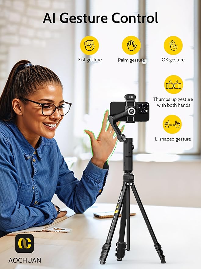 AOCHUAN 3-Axis Gimbal Stabilizer for iPhone & Android w/RGB Light, Handheld Phone Gimbal for Video Recording w/AI Tracking,1/4 Thread, Extendable Tripod, Padded Carry Bag(Smart X Complete Combo1)