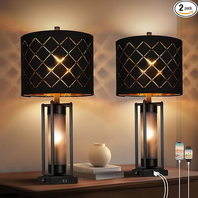 Modern Table Lamp Set of 2, Nightstand Lamps with Black Grid Shade, Bedside Lamps with USB A+C Charging Ports, Decorative Table Lamp, Square Base, Desk Lamps for Living Room, Bedroom, 2 Bulbs Included