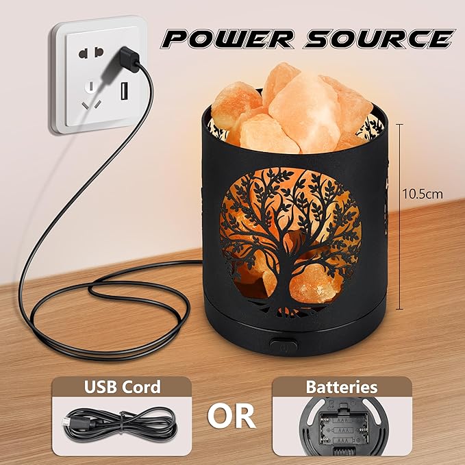 SUNYA Himalayan Salt Lamp - Metal Basket with 5 LED Bulbs, Pink Rock Salt Lamp Night Light with USB Power Cable. Battery Powered Support