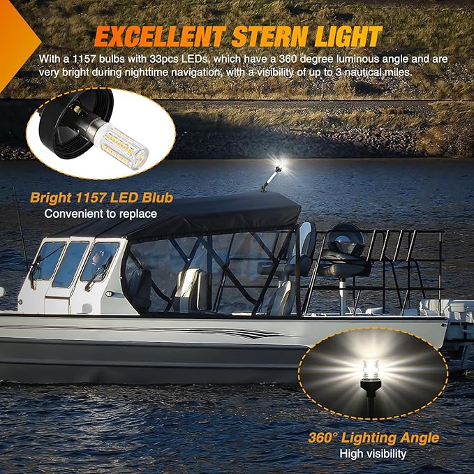 Nilight Marine Boat Stern Light 12Inch White Fold Down Anchor Lights 12V 24V Waterproof 360° Lighting Navigation Lamp for Fishing Sailboat Yacht Pontoon Speedboat Dinghy