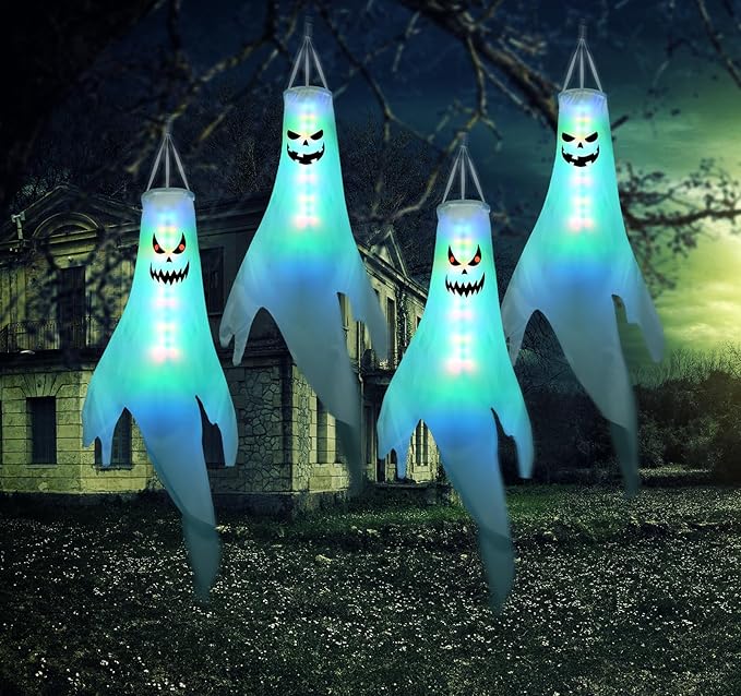 Halloween Ghost Decorations Outdoor: 2 Pcs Spooky Hanging Ghosts for Tree, Porch, Garden, Yard - Waterproof Colorful Halloween Decor With Timer