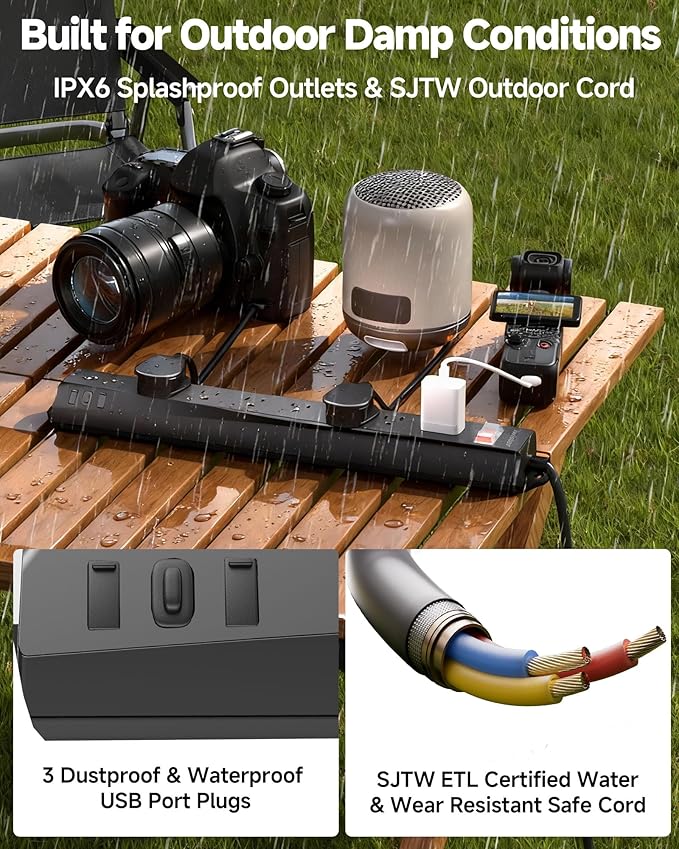 Outdoor Power Strip Weatherproof IPX6,1625W/13A 15 Ft Extension Cord with Multiple Outlets,7 AC & 3 USB, Wall Mount for Camping,Poolside,Garden,Workshop,Black