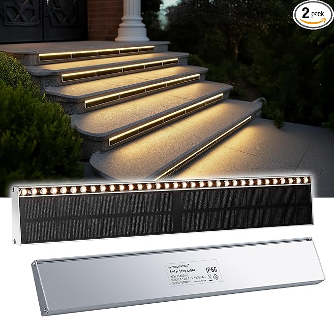 Solar Step Lights for Outside, 33 Focused-Beam High-Brightness LEDs, Waterproof Aluminum Outdoor Stair Light for Risers, Curbsides, Poolsides, Planter Edges (Warm White, 2Pack)