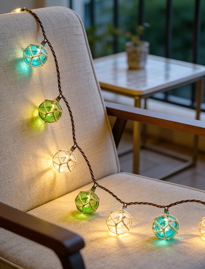8.5Ft Nautical Fishing Float String Lights, Beach Themed Buoy Lights Set of 10 LED Tiki Bar Lights Indoor Home Decor and Outdoor Patio Decorations-Blue/Green/White