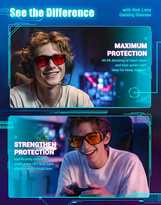 TIJN Sonia Sleep Glasses for Blue & Green Light Blocking,Red Lens with Dual AR Coating,Wraparound Frame for Gaming Screen
