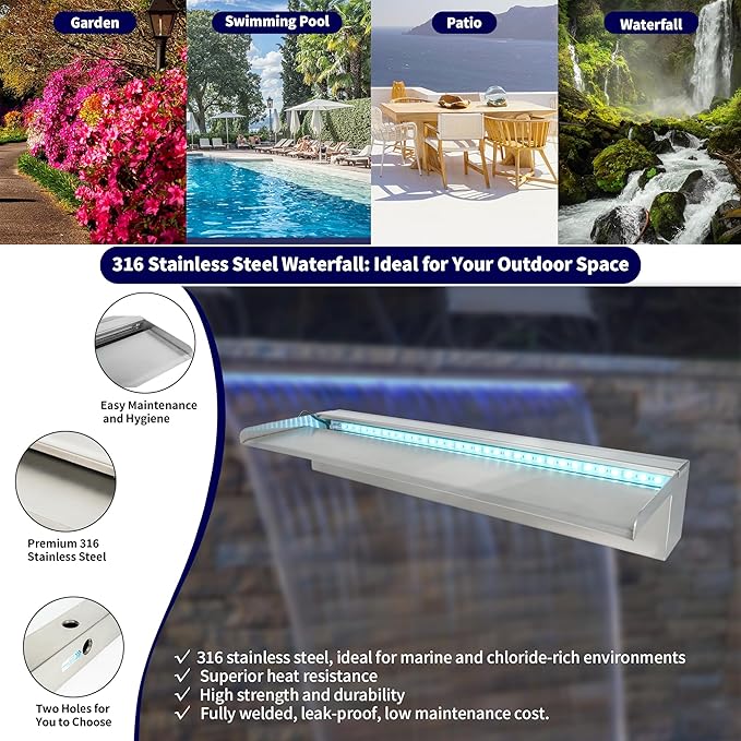 24'' APP 316 Stainless Steel Spillway with 16-Color LED Light Bar, Salt Water Corrosion Resistant Lighted Waterfall Pool Fountain Designed for Seawater Use, Waterfall Spillway for Garden Outdoor