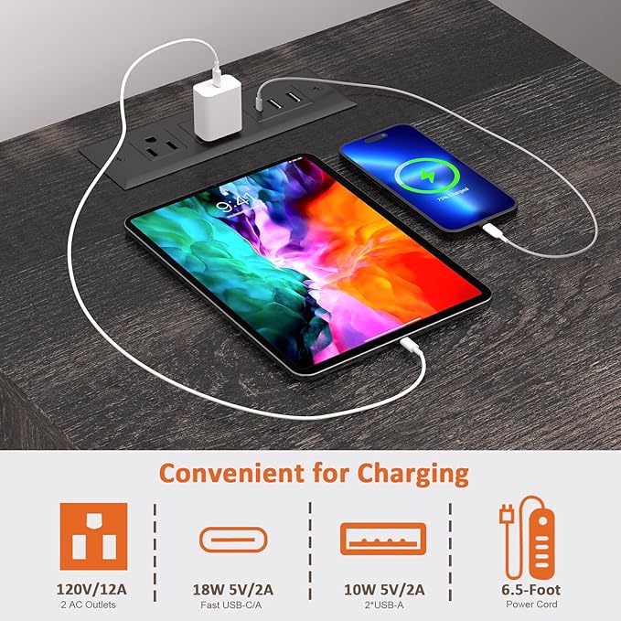 Resyet LED End Table with Charging Station - Adjustable Shelf Nightstand with Drawer, Storage, and Wooden Design for Bedroom & Living Room (Dark Rustic Oak)