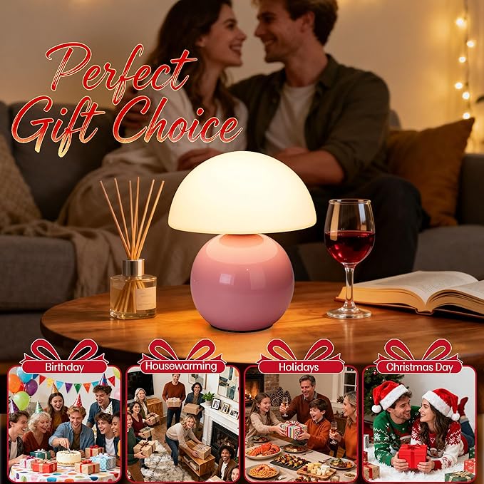 Cute Small Mushroom Lamp Decor,USB-Plug in Bedside Table Lamps with 3-Temperature LED Bulb Dimmable,Modern Aesthetic Home Decor for Livingroom/Bedroom/Dorm/Nursery (Pink with Plug)