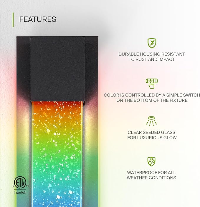 ASD LED 18 Inch Bubble Glass Wall Light Fixture | 9W 250LM RGB-3000K-5000K 100-277V | Multicolor, Waterproof, ETL Listed | Exterior Flush Mount Sconce, Outdoor-Indoor Lighting | Black