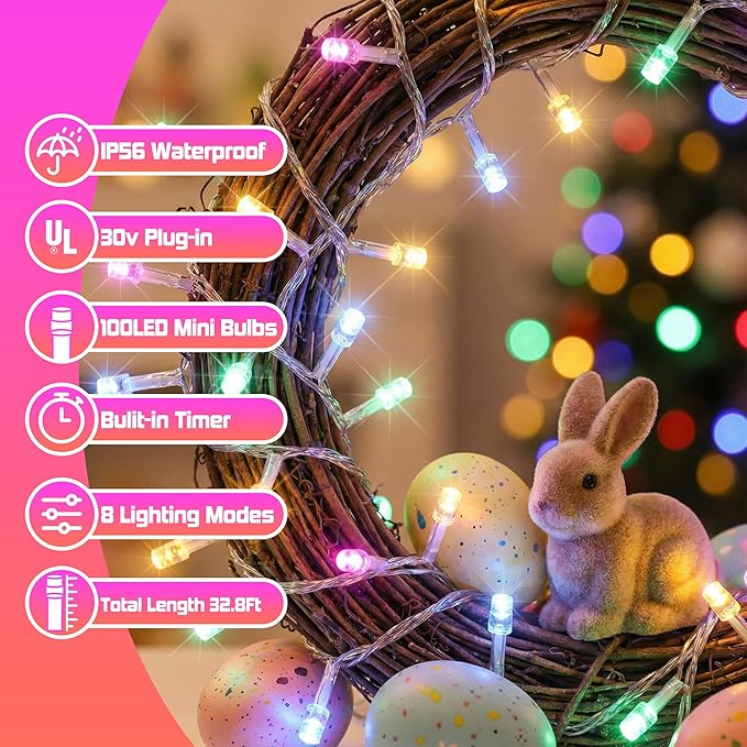 100 LED Easter Mini Lights - 33Ft Pastel Colored Connect String Light Plug in with 8 Modes, Timer, Waterproof- Fairy Christmas Lighting for Outdoor Tree Bedroom House Party Decorations - White Wire