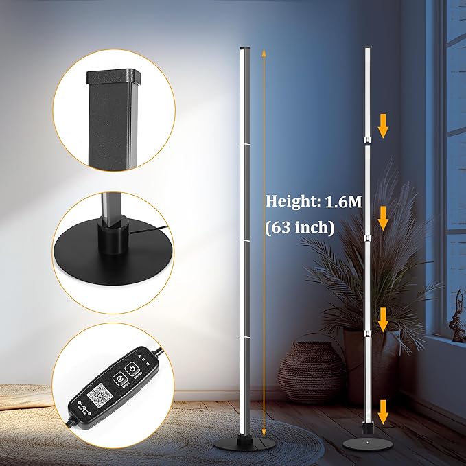 PMS 63“ Modern Metal Floor Lamp, Warm to White Color Changing Standing Lamp, Stepless Dimmable Brightness Corner Lamp with APP & Remote Control for Living Room, Bedroom, Office