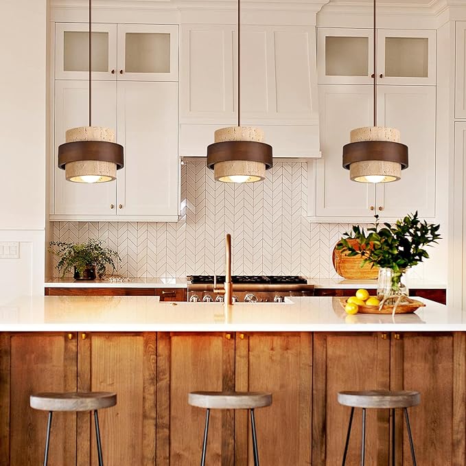 Nordic Pendant Light Wabi-Sabi Lamp, Yellow Travertine Stone Hanging Light Fixture for Dining Room, Kitchen Island, Bedroom Bedside, Bar, Compatible with E26 Bulb Base