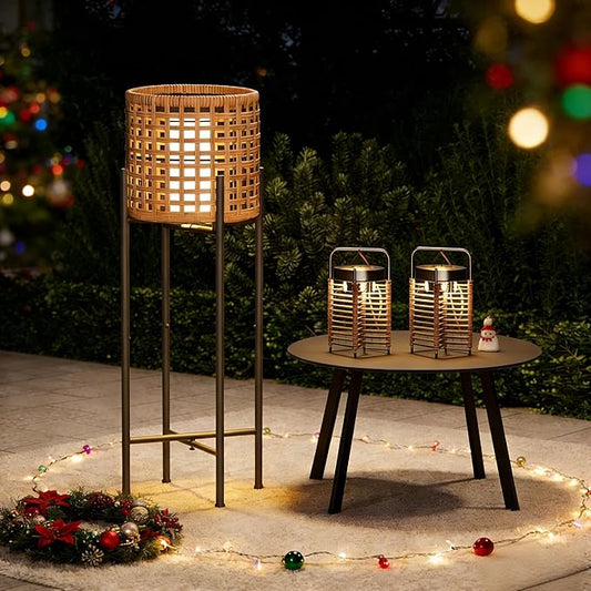 LAUSAINT HOME Solar Powered Outdoor Floor Lamp with Auto On/Off LED Light, Waterproof Wicker Patio Floor Lights, Boho Rattan Floor Lantern (1 Floor Lamp & 2 Desk Lamp)