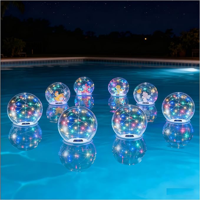 Floating Pool Lights Solar Powered - 14" Inflatable Waterproof Floating Pool Balls Light That Float for Party, Outdoor Pond/Patio Decorations (RGB, 8 Pack)