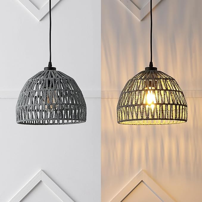 JONATHAN Y 10.25" Gray Modern Bohemian Woven Rope LED Pendant Light Fixture, Adjustable Dome Ceiling Lamp for Kitchen Island, Rope Shade, Coastal Farmhouse Decor (JYL6513D)