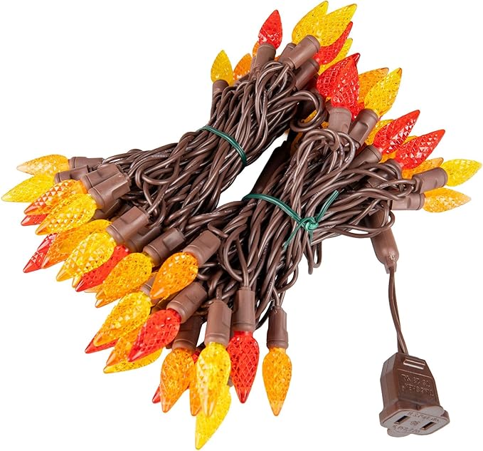 70 Light 24Ft Fall Thanksgiving Lights Commercial String Lights C6 LED Strawberry Faceted Bulb – Red/Orange/Yellow, Brown Wire, Indoor/Outdoor, Full Wave No Flicker, Connect 43 Sets