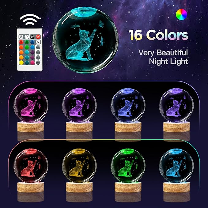 3D Cat Crystal Ball Night Light with Woodern Base, 3.15" Cat Figurines Glass Lamp with 16 Colors Cat Snow Globes Cool Desk Decor Cat Gifts for Women Girl Cat Lovers Kids Friends