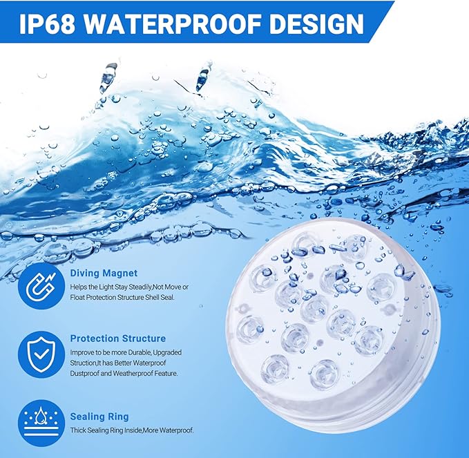 LOFTEK Submersible LED Lights with Remote, 13 LED Pool Lights for Inground Above Ground Pool with Magnets &Suction Cups,16 Color Changing Underwater Light for Ponds Battery Operated, 2 Pack