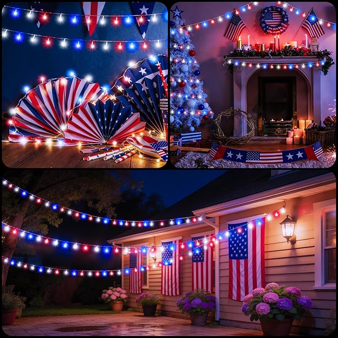 Red White Blue 4th of July Decoration Light - 30 LED 11.5Ft Patriotic Battery String Lights with 8 Modes, Timer, Waterproof - Independence Day Lighting for Outdoor House Holiday Memorial Day Decor