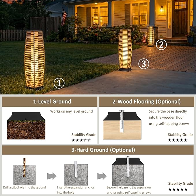 Rattan Outdoor Floor Lamp Set of 2, Boho Solar Porch Lights Outdoor Waterproof for Patio, Garden, Balcony & Deck, Natural (Horizontal)