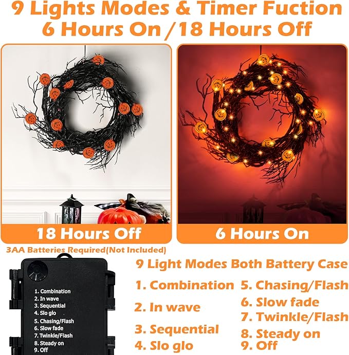 [ 8 Modes & Timer ] 6 Ft 45 LED Halloween Willow Vine Twig Garland Decorations with 15 Pumpkins Orange Lights, Battery Operated Waterproof Halloween Decorations for Home Wall Mantle Fireplace Decor