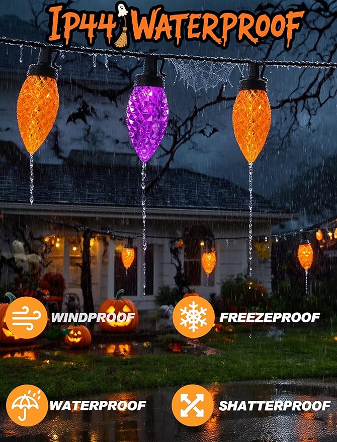 Halloween C9 String Lights Outdoor, 26.4Ft C9 Halloween Decorations Lights with 50 LED Orange and Purple Lights Waterproof, Hanging Plug in Lights String for Outside Holiday Party Patio Yard Decor