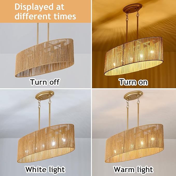 Dining Room Light Fixture 5 Light Rattan Kitchen Island Lighting with Adjustable Gold Boho Chandelier Farmhouse Hanging Pendant Light for Living Room Bar Restaurant