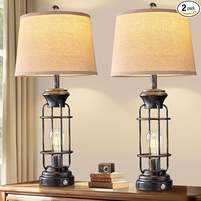 28" Table Lamp for Living Room with USB Charging Ports, Tall Table Lamp Set of 2,3-Way Dimmable Lamps for Bedroom, Bedside Lamp for End Tables, Industrial Nighstand Lamps,Bulbs Included
