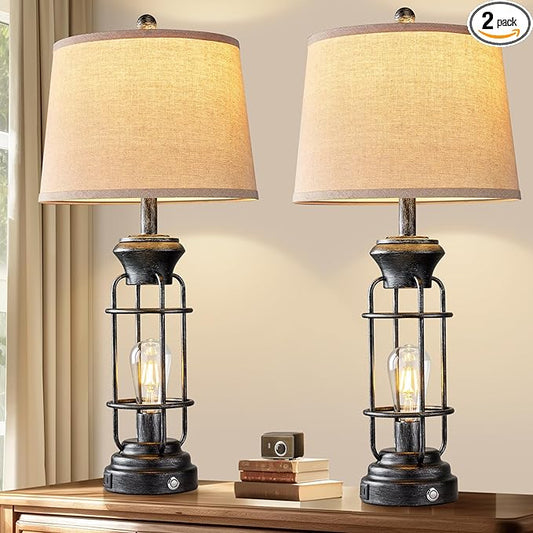 28" Table Lamp for Living Room with USB Charging Ports, Tall Table Lamp Set of 2,3-Way Dimmable Lamps for Bedroom, Bedside Lamp for End Tables, Industrial Nighstand Lamps,Bulbs Included