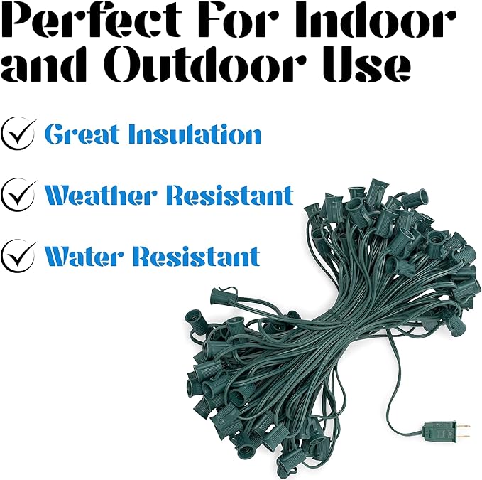 HLO Lighting C7 Light Strings | 100' Green Cord with 12" Socket Spacing, E12 Light Stringer for C7 Christmas Lights