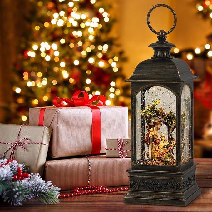 DRomance Nativity Music Snow Globe Lantern with Timer Battery Operated & USB Powered Lighted Singing Snow Globe Lamp Spinning Water Swirling Glitters Christmas Holiday Decor 3.7 x 3.7 x 11.4 Inches