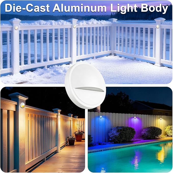 RGB Deck Lights Outdoor, 3W 12V Color Changing Low Voltage Post Lights for Outdoor Waterproof Deck Post Fence Railing Step, Wired LED Landscape Deck Lighting Accessories for Christmas, 1PK
