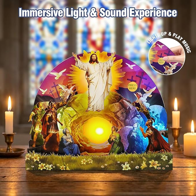 FaCraft Musical Easter Cards Religious, He is Risen Jesus Resurrection 5-Layer Pop Up Card with Light & Music, with Envelope, Plays Hallelujah for Sympathy Baptism Confirmation Get Well Encouragement