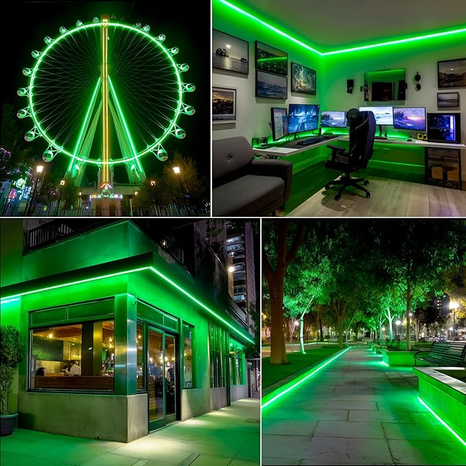 GZBtech Flexible LED Neon Rope Lights 66FT,AC 110-120V Waterproof Strip Light, 120 LEDs/M Cuttable Connectable Neon Lighting for Indoor Outdoor Home Decor/Commercial Building Use-Green 20M, ETL Listed