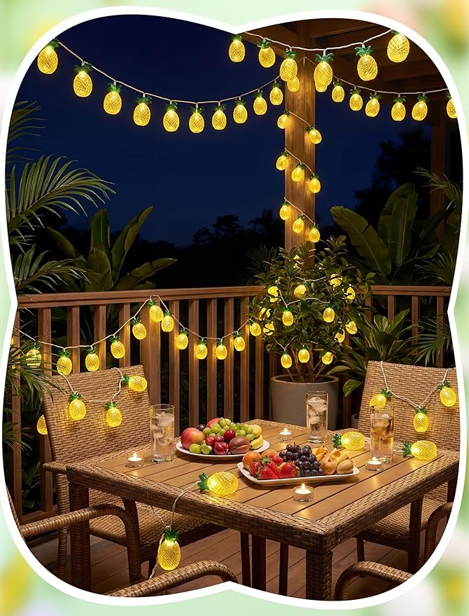 8.5Ft Pineapple String Lights, Hawaiian Beach Themed Party Lights with 10LED Warm White Waterproof Pineapple Fairy Lights, Tropical Decoration for Indoor Outdoor Party Bedroom Wedding Birthday Pool