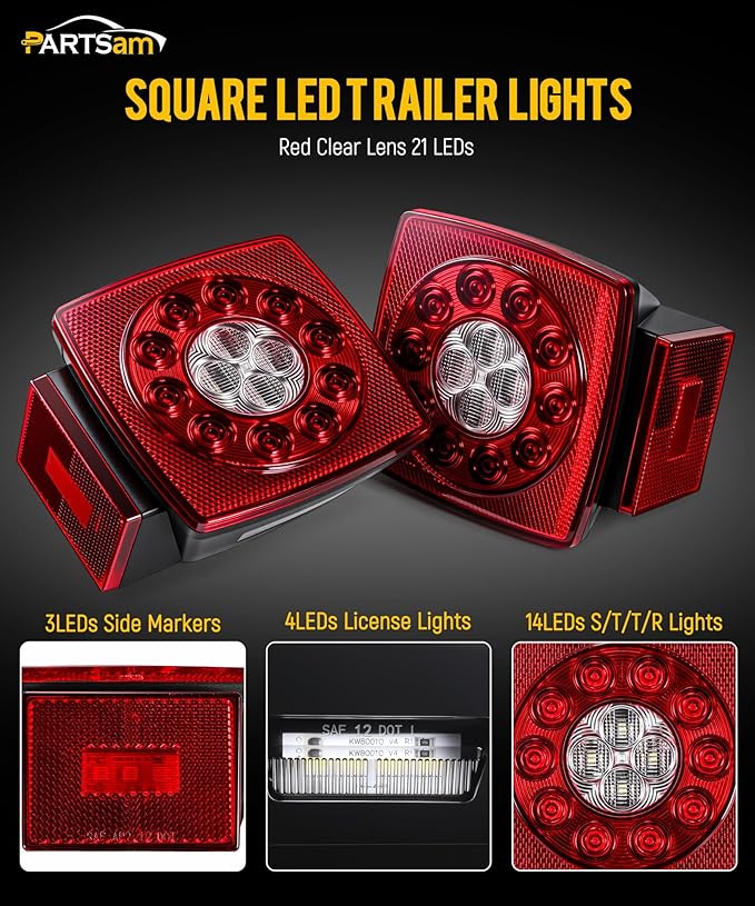 Partsam 12V Submersible Square Led Trailer Lights, Red White LED Stop Turn Tail Reverse Backup License Side Marker Running Light Lamp for Trailers Under 80", Truck, IP68, Red Clear Lens