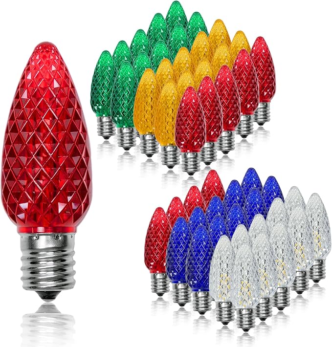 50 Pack C9 Led Replacement Light Bulbs Christmas, C9 Shatterproof Led Bulbs for Christmas String Lights, E17 Candelabra Base, Commercial Grade Dimmable Holiday Bulbs, Multicolor