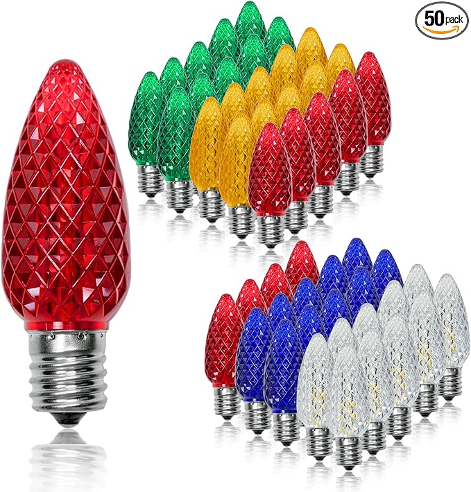 50 Pack C9 Led Replacement Light Bulbs Christmas, C9 Shatterproof Led Bulbs for Christmas String Lights, E17 Candelabra Base, Commercial Grade Dimmable Holiday Bulbs, Multicolor