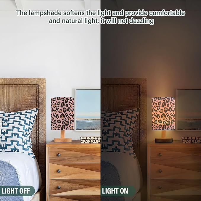 Bedside Table Lamp Pink Leopard Nightstand Lamp with Wood Animal Cheetah Print Desk Lamps for Bedroom Living Room Nursery Office Home Decor