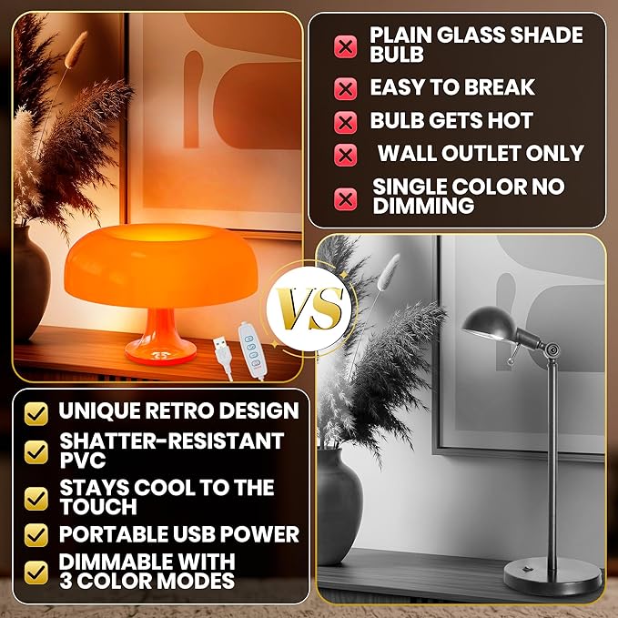 Orange Mushroom Lamp for Bedroom – Aesthetic Vintage Mushroom Lamps with 3 Lighting Colors & 10 Brightness – USB Powered Nightstand Retro Lamp for Reading Room, Office, Dorm | ABS + PVC Build