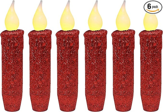 CVHOMEDECO. Glitter Flameless Candles Flickering Battery Operated LED Taper Candles with Timer for Home, Wedding, Halloween, Christmas Decor. Red, 4-3/4 Inch, Set of 6